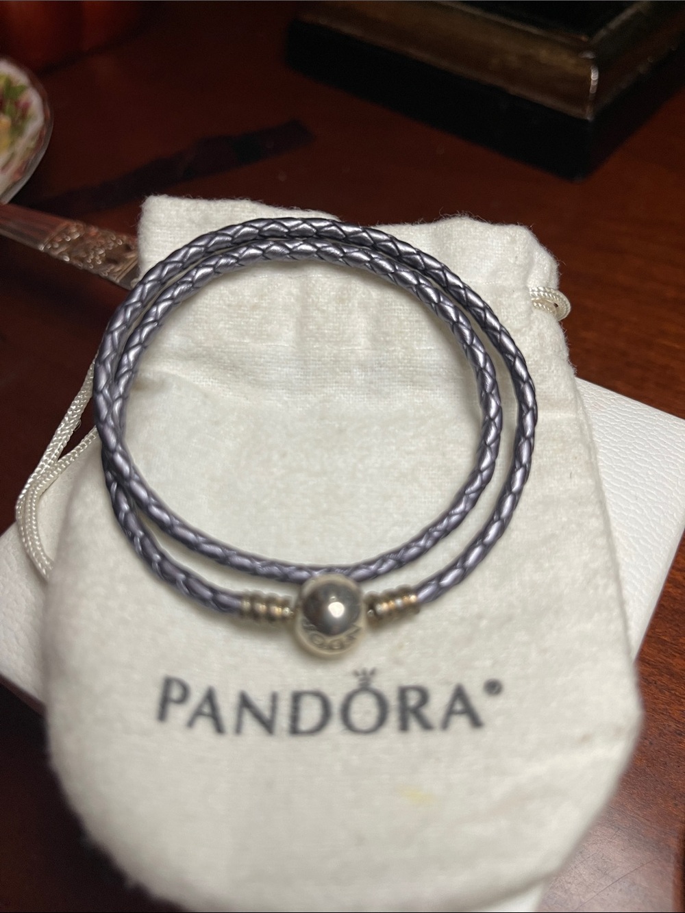 Pandora Lavender Double-Wrap Braided Leather Bracelet with Silver Clasp